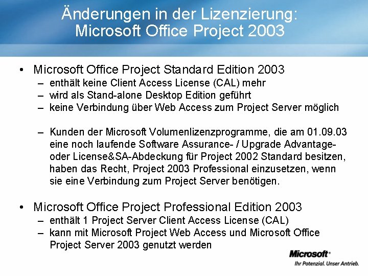 Änderungen in der Lizenzierung: Microsoft Office Project 2003 • Microsoft Office Project Standard Edition