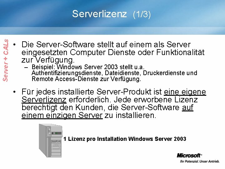 Server + CALs Serverlizenz (1/3) • Die Server-Software stellt auf einem als Server eingesetzten