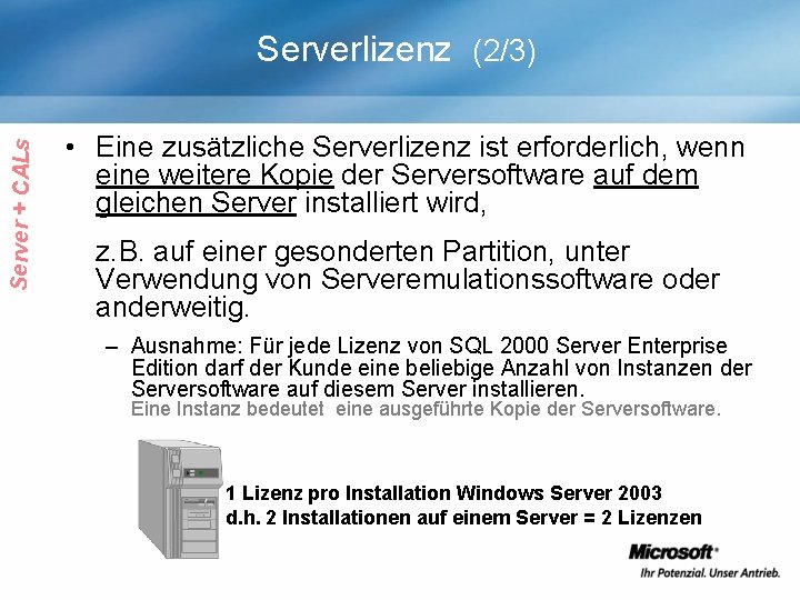 Server + CALs Serverlizenz (2/3) • Eine zusätzliche Serverlizenz ist erforderlich, wenn eine weitere