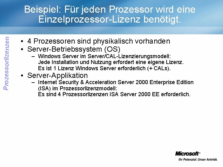 Prozessorlizenzen Beispiel: Für jeden Prozessor wird eine Einzelprozessor-Lizenz benötigt. • 4 Prozessoren sind physikalisch