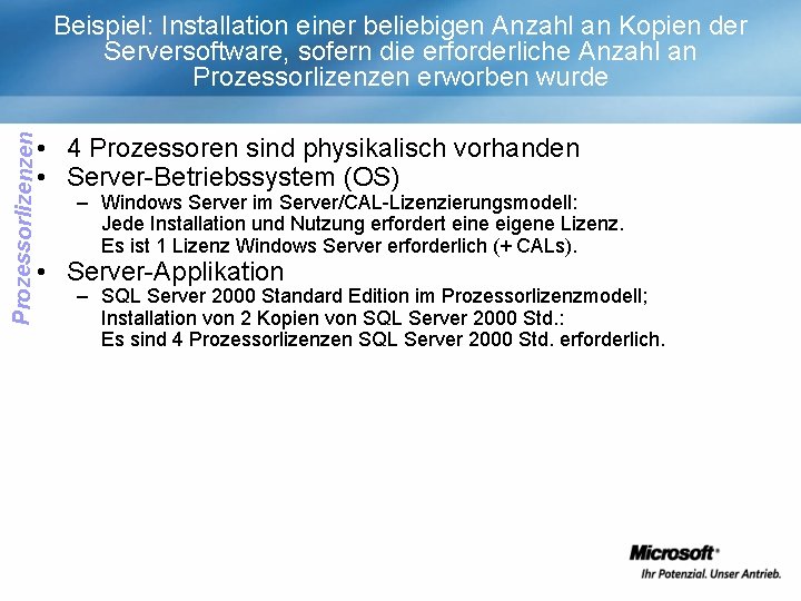 Prozessorlizenzen Beispiel: Installation einer beliebigen Anzahl an Kopien der Serversoftware, sofern die erforderliche Anzahl