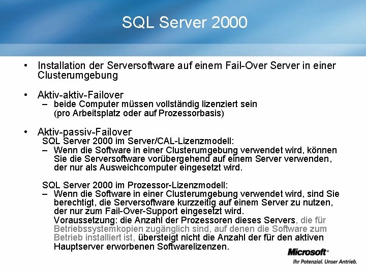 SQL Server 2000 • Installation der Serversoftware auf einem Fail-Over Server in einer Clusterumgebung