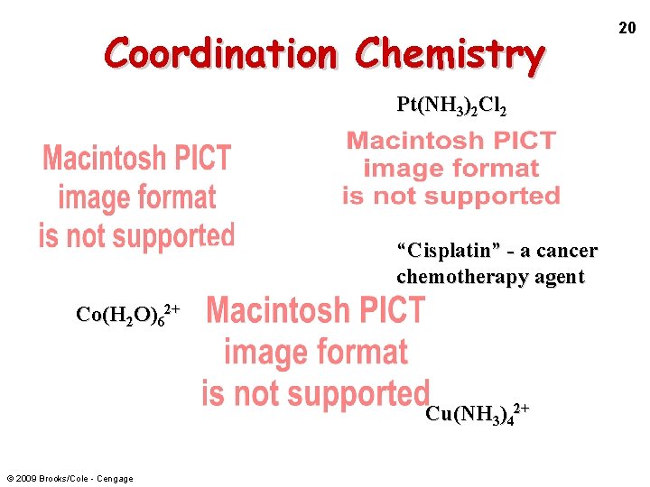 Coordination Chemistry Pt(NH 3)2 Cl 2 “Cisplatin” - a cancer chemotherapy agent Co(H 2