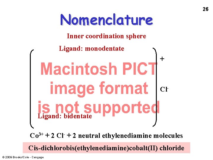 26 Nomenclature Inner coordination sphere Ligand: monodentate + Cl- Ligand: bidentate Co 3+ +