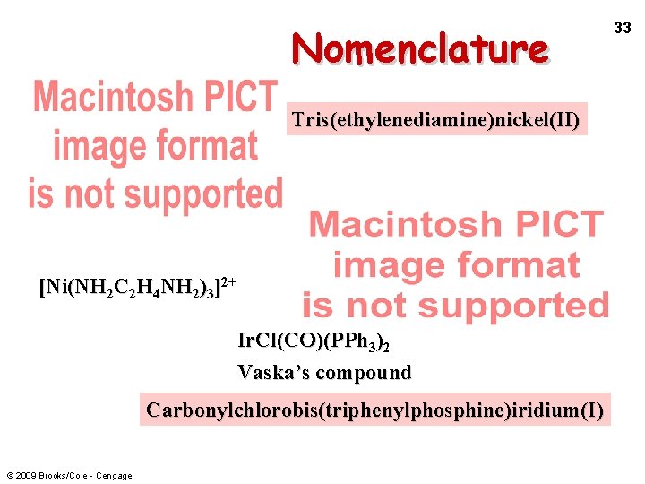 Nomenclature Pt( Tris(ethylenediamine)nickel(II) [Ni(NH 2 C 2 H 4 NH 2)3]2+ Ir. Cl(CO)(PPh 3)2