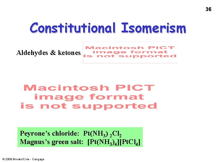 36 Constitutional Isomerism Aldehydes & ketones Peyrone’s chloride: Pt(NH 3) 2 Cl 2 Magnus’s