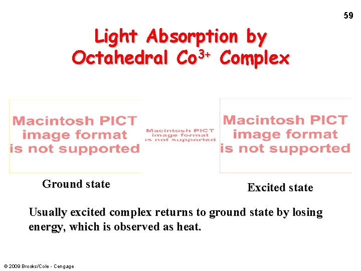 59 Light Absorption by Octahedral Co 3+ Complex Ground state Excited state Usually excited