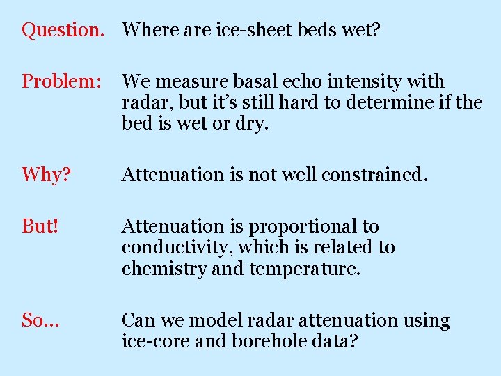 Question. Where are ice-sheet beds wet? Problem: We measure basal echo intensity with radar,