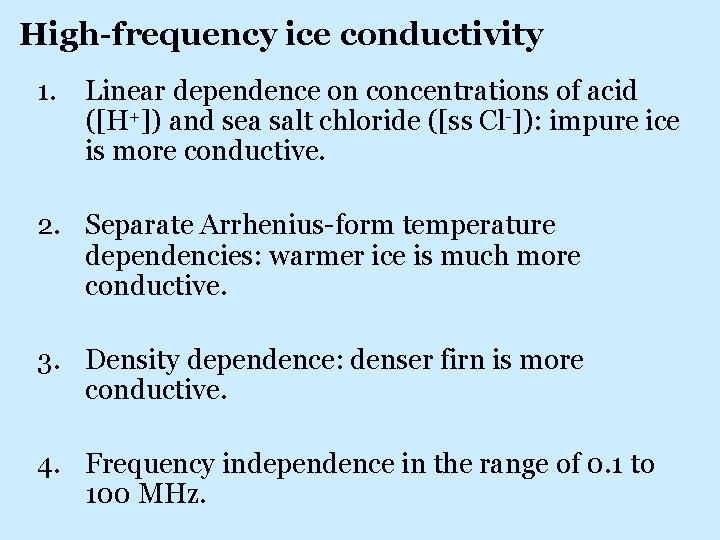 High-frequency ice conductivity 1. Linear dependence on concentrations of acid ([H+]) and sea salt