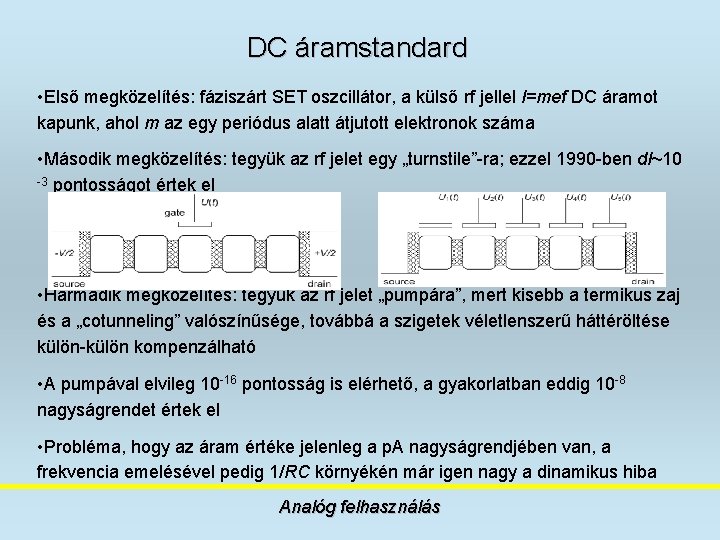 DC áramstandard • Első megközelítés: fáziszárt SET oszcillátor, a külső rf jellel I=mef DC DC áramstandard • Első megközelítés: fáziszárt SET oszcillátor, a külső rf jellel I=mef DC