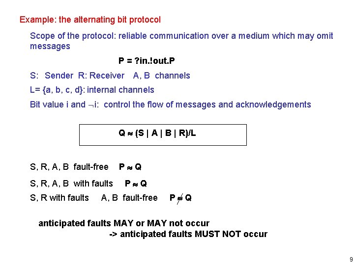 Example: the alternating bit protocol Scope of the protocol: reliable communication over a medium