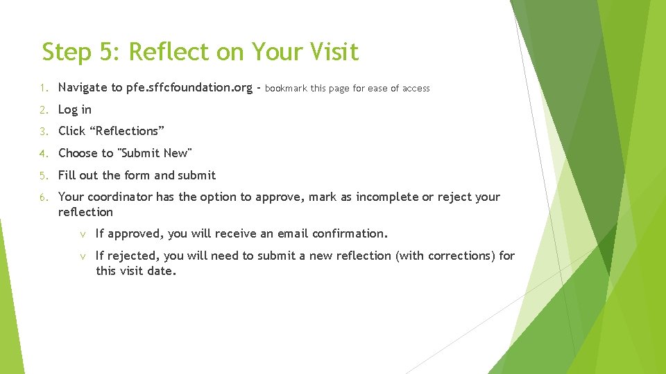 Step 5: Reflect on Your Visit 1. Navigate to pfe. sffcfoundation. org - 2.