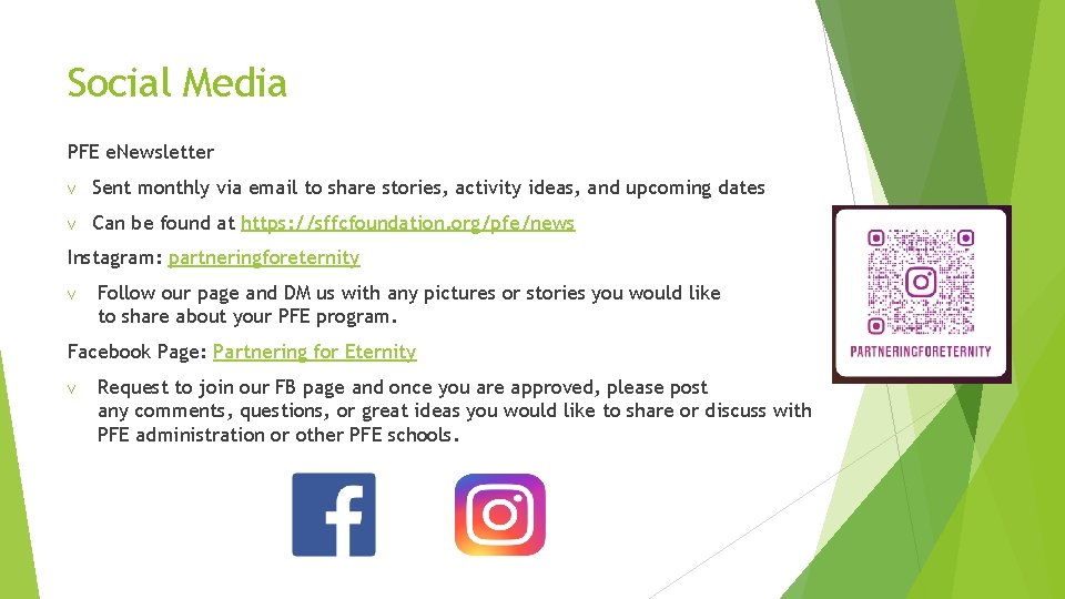 Social Media PFE e. Newsletter v Sent monthly via email to share stories, activity