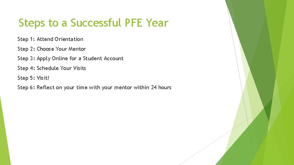 Steps to a Successful PFE Year Step 1: Attend Orientation Step 2: Choose Your