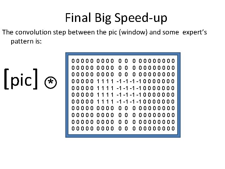 Final Big Speed-up The convolution step between the pic (window) and some expert’s pattern