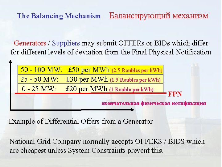 The Balancing Mechanism Балансирующий механизм Generators / Suppliers may submit OFFERs or BIDs which