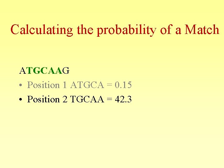 Calculating the probability of a Match ATGCAAG • Position 1 ATGCA = 0. 15