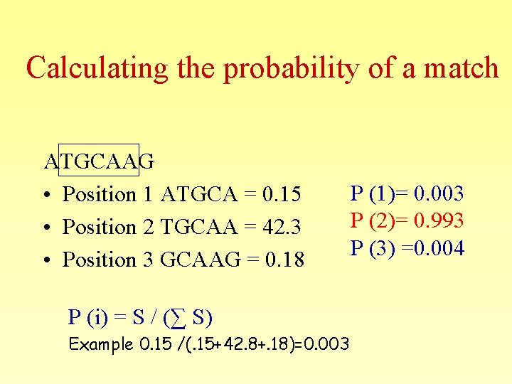 Calculating the probability of a match ATGCAAG • Position 1 ATGCA = 0. 15