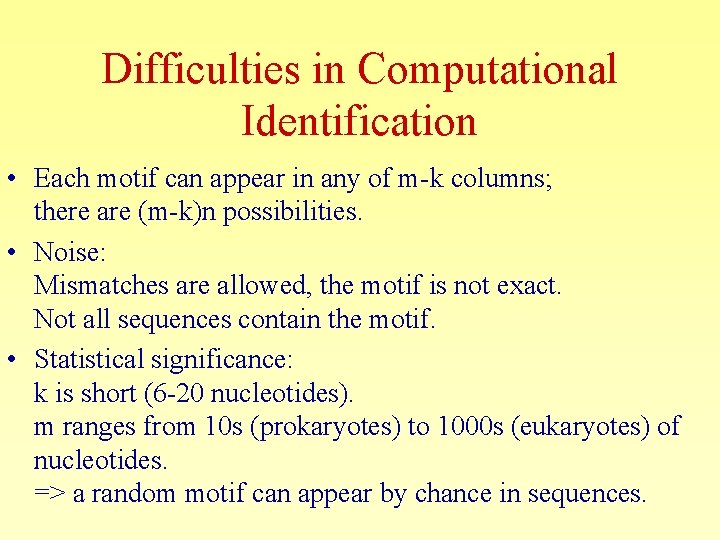 Difficulties in Computational Identification • Each motif can appear in any of m-k columns;