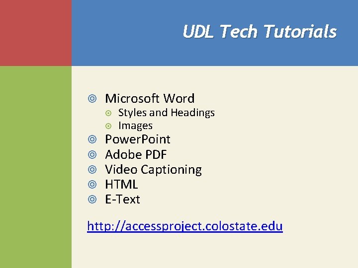 UDL Tech Tutorials Microsoft Word Styles and Headings Images Power. Point Adobe PDF Video