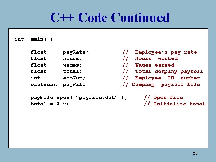 C++ Code Continued int { main( ) float int ofstream pay. Rate; hours; wages; C++ Code Continued int { main( ) float int ofstream pay. Rate; hours; wages;
