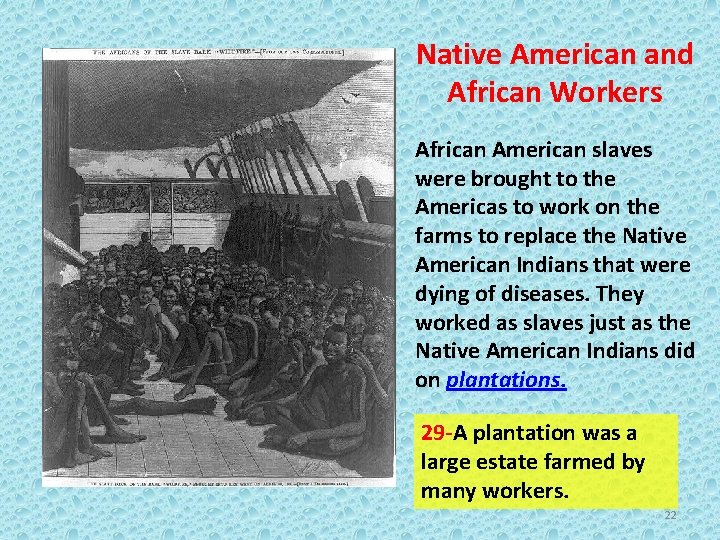 Native American and African Workers African American slaves were brought to the Americas to