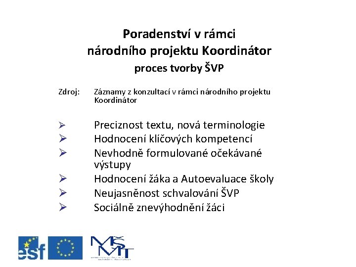 Poradenství v rámci národního projektu Koordinátor proces tvorby ŠVP Zdroj: Záznamy z konzultací v