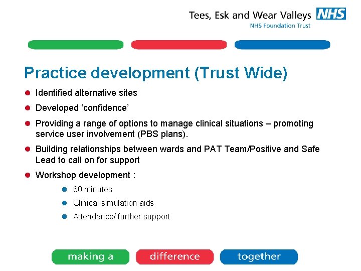 Practice development (Trust Wide) l Identified alternative sites l Developed ‘confidence’ l Providing a Practice development (Trust Wide) l Identified alternative sites l Developed ‘confidence’ l Providing a