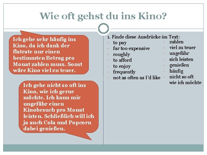 Wie oft gehst du ins Kino? Ich gehe sehr häufig ins Kino, da ich