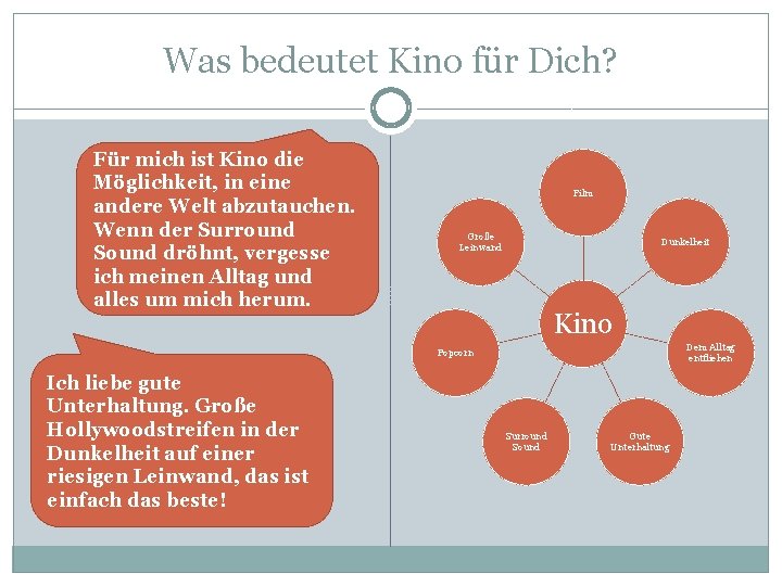 Was bedeutet Kino für Dich? Für mich ist Kino die Möglichkeit, in eine andere