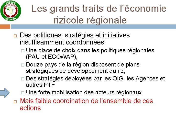 Les grands traits de l’économie rizicole régionale Des politiques, stratégies et initiatives insuffisamment coordonnées: