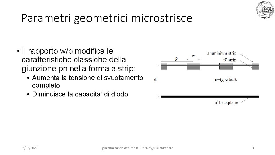 Parametri geometrici microstrisce • Il rapporto w/p modifica le caratteristiche classiche della giunzione pn