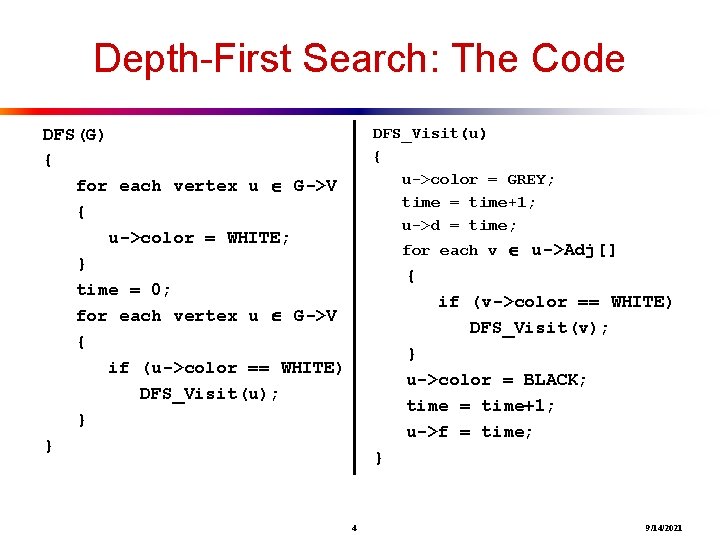 Depth-First Search: The Code DFS_Visit(u) { u->color = GREY; time = time+1; u->d =