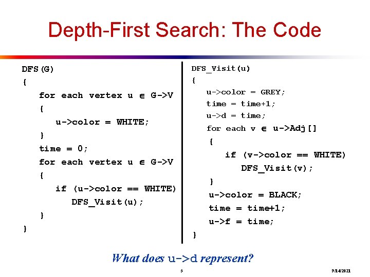 Depth-First Search: The Code DFS_Visit(u) { u->color = GREY; time = time+1; u->d =