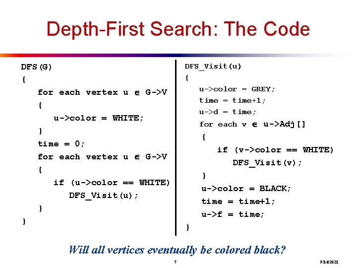 Depth-First Search: The Code DFS_Visit(u) { u->color = GREY; time = time+1; u->d =