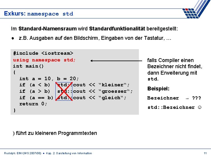 Exkurs: namespace std Im Standard-Namensraum wird Standardfunktionalität bereitgestellt: ● z. B. Ausgaben auf den