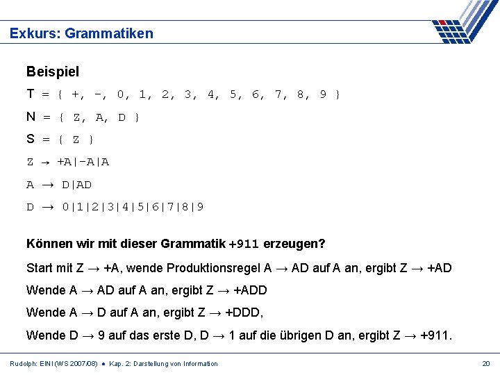 Exkurs: Grammatiken Beispiel T = { +, -, 0, 1, 2, 3, 4, 5,