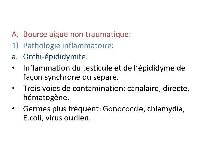 A. 1) a. • Bourse aigue non traumatique: Pathologie inflammatoire: Orchi-épididymite: Inflammation du testicule