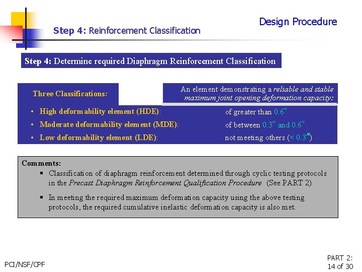 Step 4: Reinforcement Classification Design Procedure Step 4: Determine required Diaphragm Reinforcement Classification Three