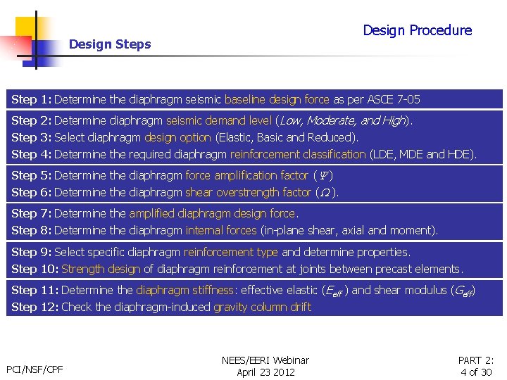 Design Procedure Design Steps Step 1: Determine the diaphragm seismic baseline design force as