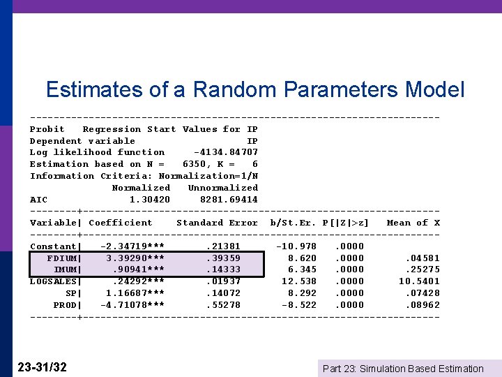 Estimates of a Random Parameters Model -----------------------------------Probit Regression Start Values for IP Dependent variable