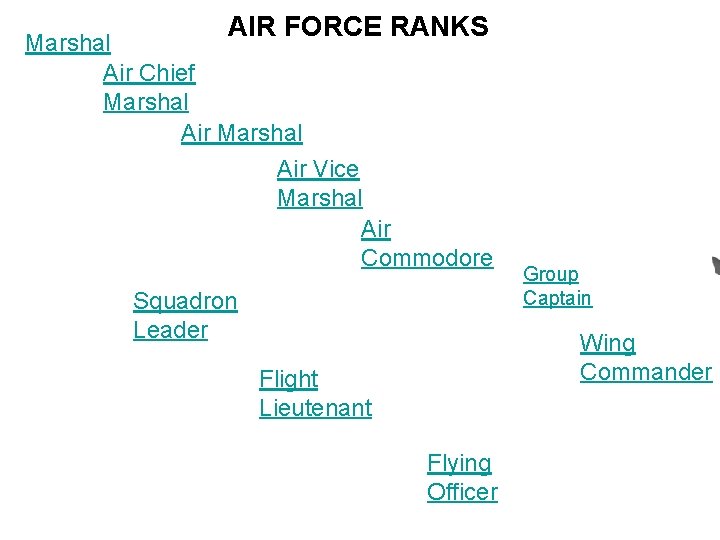 AIR FORCE RANKS Marshal Air Chief Marshal Air Vice Marshal Air Commodore Squadron Leader