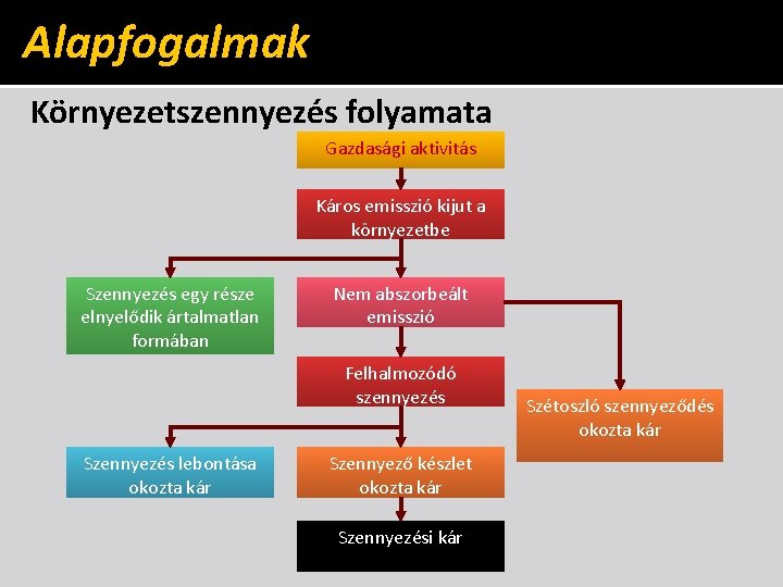 Alapfogalmak Környezetszennyezés folyamata Gazdasági aktivitás Káros emisszió kijut a környezetbe Szennyezés egy része elnyelődik