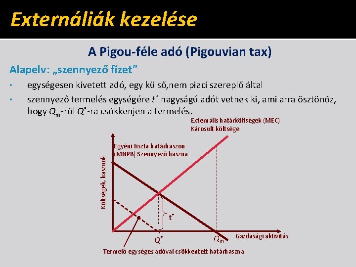 Externáliák kezelése A Pigou-féle adó (Pigouvian tax) Alapelv: „szennyező fizet” • egységesen kivetett adó,