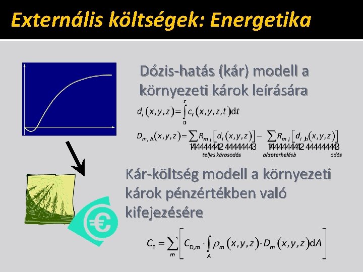 Externális költségek: Energetika Dózis-hatás (kár) modell a környezeti károk leírására Kár-költség modell a környezeti