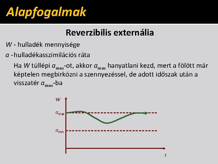 Alapfogalmak Reverzibilis externália W - hulladék mennyisége a -hulladékasszimilációs ráta Ha W túllépi amax-ot,