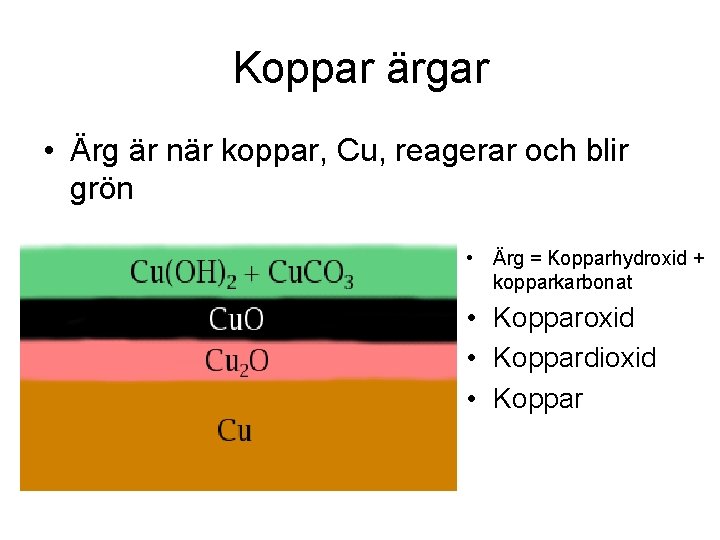 Koppar ärgar • Ärg är när koppar, Cu, reagerar och blir grön • Ärg