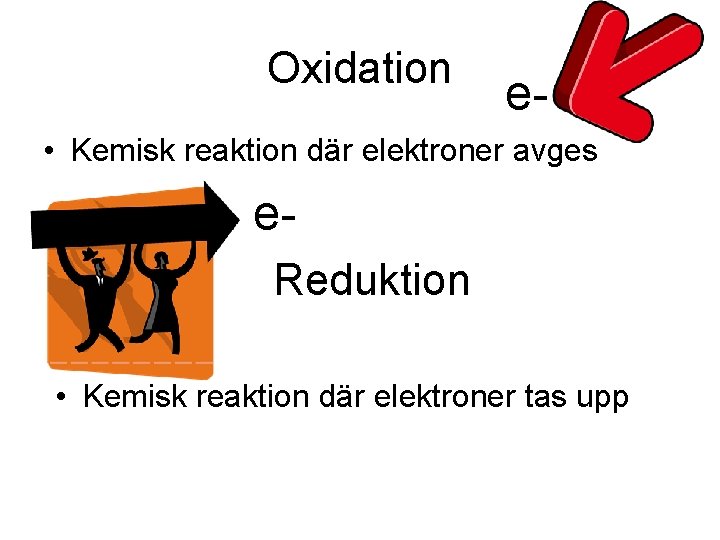 Oxidation e- • Kemisk reaktion där elektroner avges e. Reduktion • Kemisk reaktion där