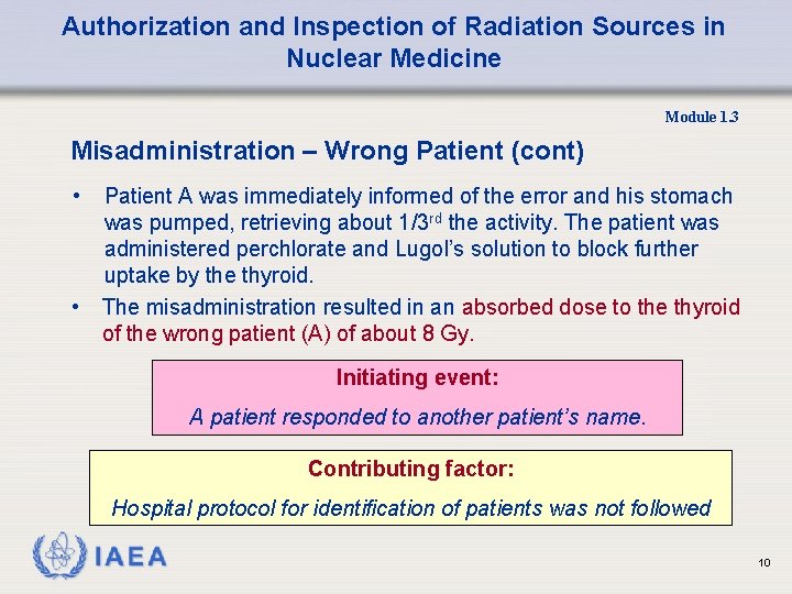 Authorization and Inspection of Radiation Sources in Nuclear Medicine Module 1. 3 Misadministration –