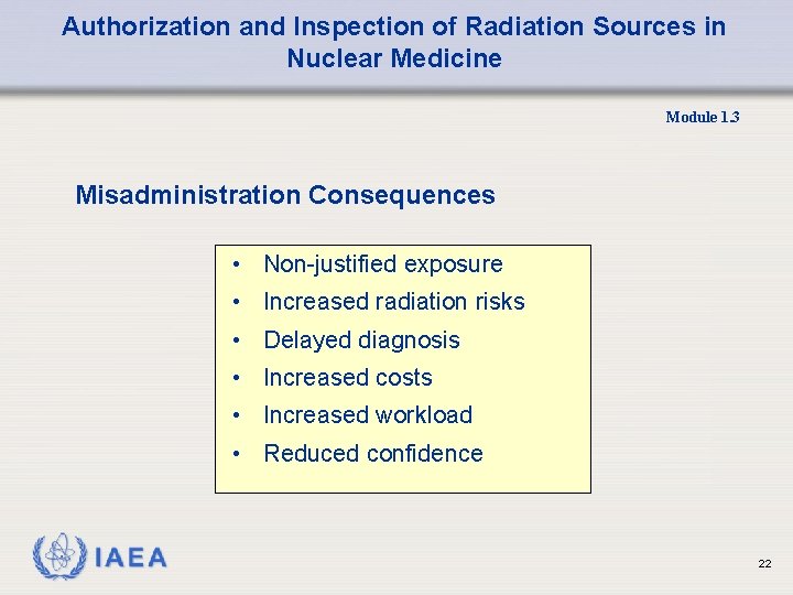 Authorization and Inspection of Radiation Sources in Nuclear Medicine Module 1. 3 Misadministration Consequences